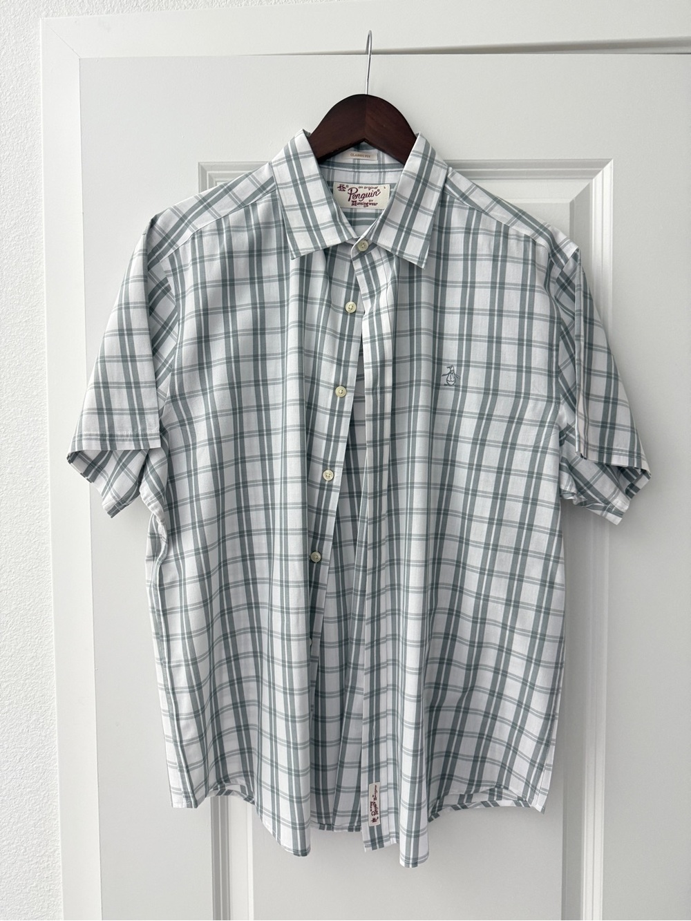 Original Penguin White and Gray Plaid Short-Sleeve Button-Down Shirt